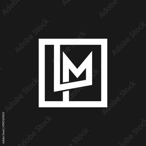 Abstract LM Monogram Logo Design with White Geometric Lettermark in Square Frame on Black Background