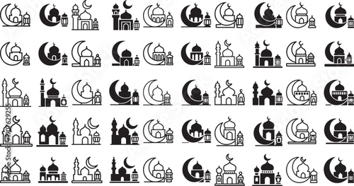 Black and white mosque icons with moon crescent symbols  various architecture designs