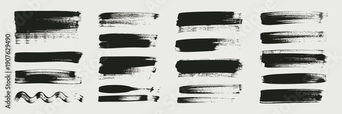 Black brush strokes, featuring bold ink lines, grunge paint smears, drips, splatters, and rough hand-drawn spray paint elements isolated on white background.