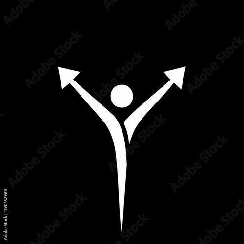 A white stylized human figure with outstretched arms ending in arrows pointing outwards and upwards on a black background, symbolizing choice or direction.