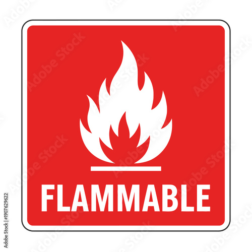 Flammable Symbol: Red Square Sign with White Flame Icon and Text
