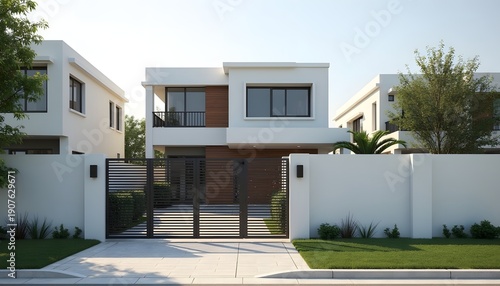 Modern luxury white house exterior with black gate and driveway in sunny daylight