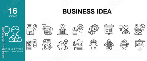 Business Idea icon set. Includes business, idea, startup, innovation, creativity, brainstorming and More. Editable Stroke Icon Collection.