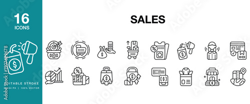 Sales icon set. Includes sales, selling, revenue, profit, customer, marketing and More. Editable Stroke Icon Collection.