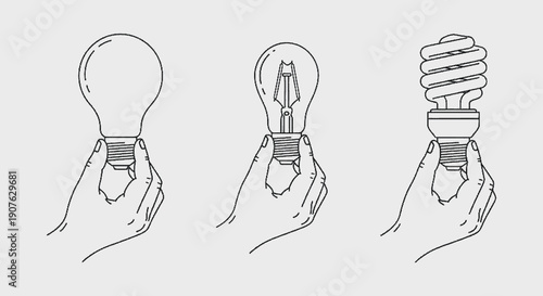 Black and white sketch of hand holding different types of energy saving light bulbs