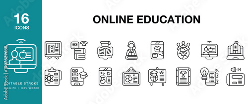 Online Education icon set. Includes education, online, elearning, learning, course and More. Editable Stroke Icon Collection.