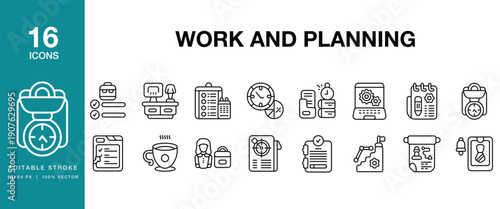 Work And Planning icon set. Includes work, planning, schedule, calendar, productivity and More. Editable Stroke Icon Collection.