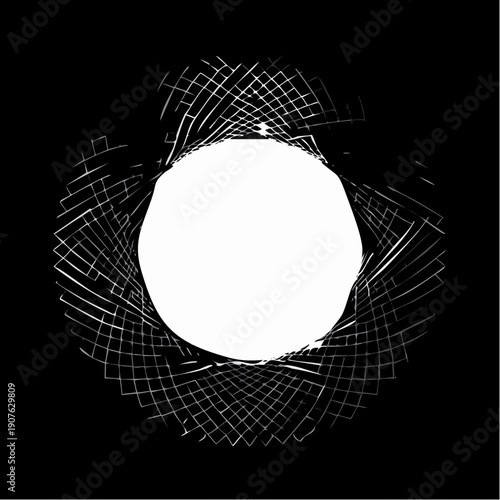 Abstract black and white graphic design featuring a central white circle surrounded by a dynamic, textured pattern of fragmented lines.