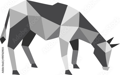A geometric polygonal illustration depicts a grazing antelope in shades of gray