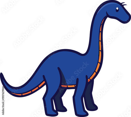 A charming cartoon illustration depicts a friendly blue brachiosaurus dinosaur high quality professional