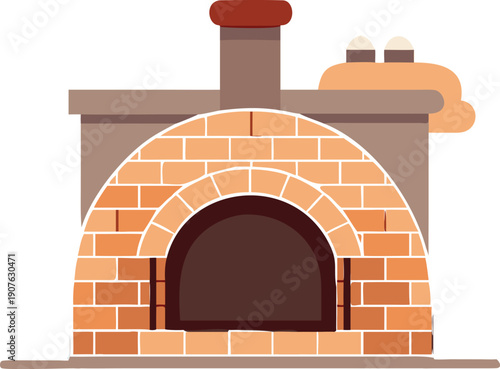 A colorful flat design illustration depicts a brick fireplace with a chimney