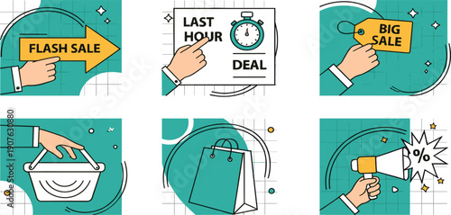 Sales Promotion Illustration Set with Flash Sale, Last Hour Deal, Big Sale Tags, Shopping Basket, Gift Bag, and Discount Megaphone for Marketing Designs