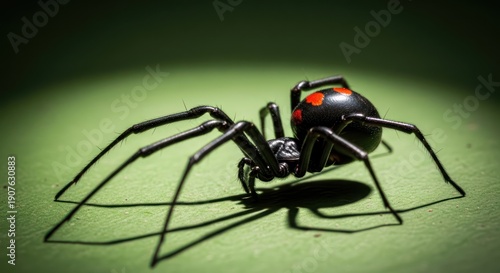 Detailed macro showcasing of a venomous black widow spider with red markings on a green surface