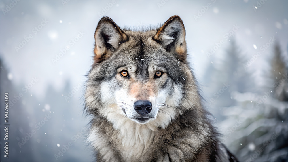 Fototapeta premium A wild gray timber wolf with thick fur stands as a majestic predator in the cold winter snow, capturing a fierce portrait of this canine carnivore in its natural habitat