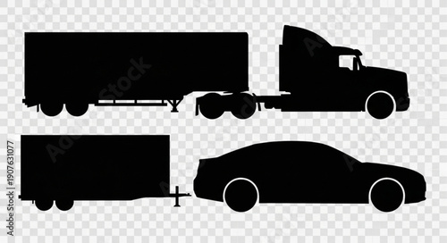 Silhouette of a semi truck and a car with trailers.