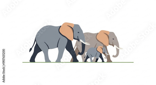 African Elephant Family Walking Together in Savanna, Vector Illustration