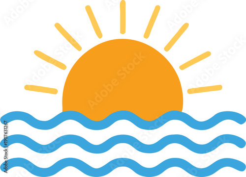 A bright orange sun sets over stylized blue waves in a simple