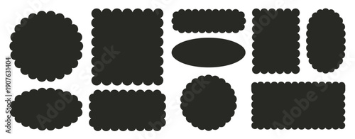 Black scalloped borders, showcasing circle, square, oval, and rectangle forms with decorative frill lace edges for scallop labels, flower frames, and text boxes.