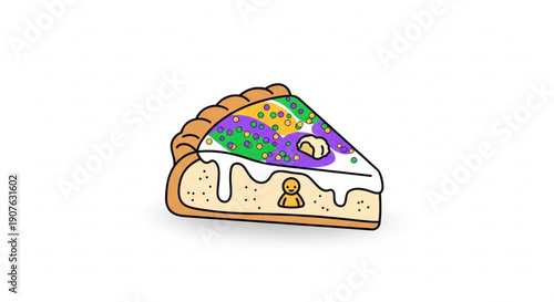 King Cake Slice with Mardi Gras Colors and Baby Figurine Isolated on White
