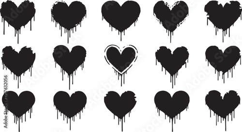 Collection of distressed black heart shapes with dripping paint effect isolated on transparent background
