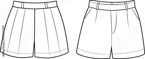 Flat technical fashion illustration of women tailored shorts front and back view, clean vector line art design for apparel manufacturing, pattern making, and clothing production guides