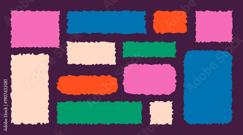 Scallop frame set. Different wavy shapes with squiggly edge border. Zig zag stamps or wiggle stickers for photo, badge, tag design. Curvy labels on black background, vector illustration