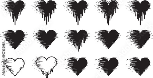 Various distressed black heart graphics with paint drip effect and glitchy digital distortion isolated
