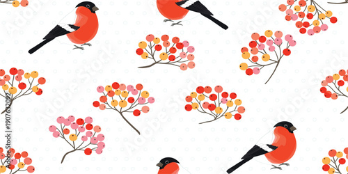 Seamless Winter Bird Pattern with Bullfinch Birds, Berry Branches, and Hand Drawn Nature Elements for Christmas Background and Textile Designs