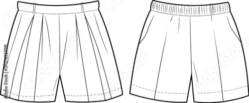 Flat sketch illustration of women’s tailored shorts front and back views, technical fashion drawing showing waistband, pleats, seams, hem details for apparel design