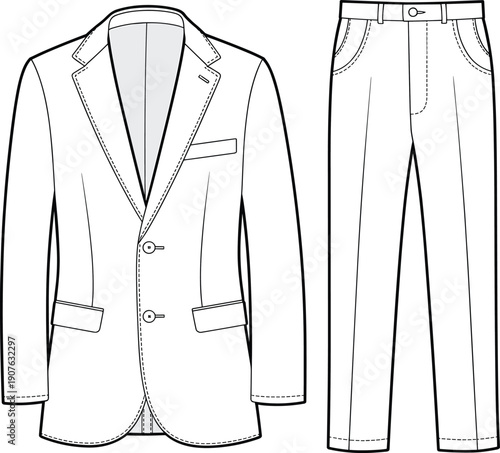Men’s Formal Suit Jacket and Trousers Technical Line Drawing, Tailoring Blueprint Illustration, Fashion Design Flat Sketch, Apparel Pattern Outline Vector