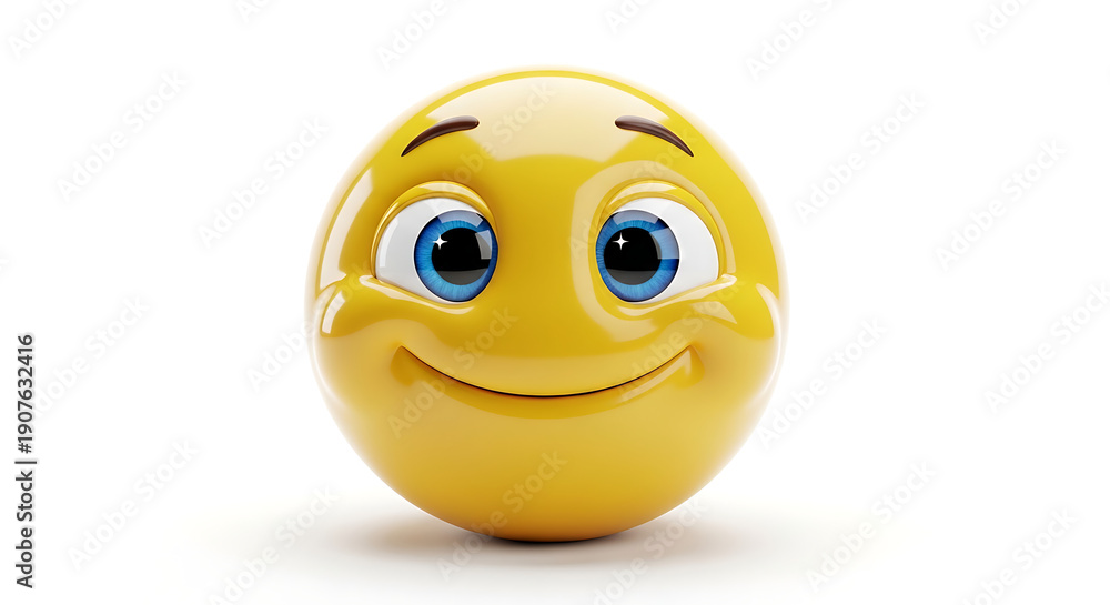 Fototapeta premium A 3D rendered yellow emoji with a happy and content expression, featuring blue eyes and a gentle smile on a white background.