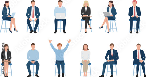 Modern business people sitting on chairs in different poses, professional office workers illustration set, diverse corporate employees, teamwork, meeting, presentation, interview concept