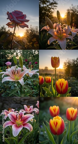 Wallpaper Mural Multiple colorful blooming flowers illuminated by bright sunrise light in a garden setting Torontodigital.ca