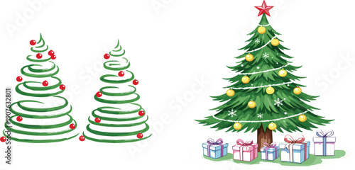Set of Modern Abstract Spiral Christmas Trees with Red Baubles and Traditional Decorated Evergreen Pine Tree with Gift Boxes for Winter Holiday Greeting Designs