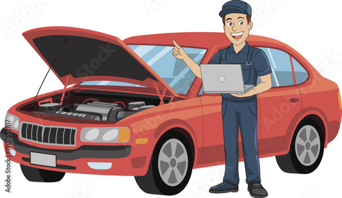 Smiling auto mechanic using laptop beside red car with open hood, vehicle diagnostics, car repair service concept, automotive technology illustration, professional maintenance workflow