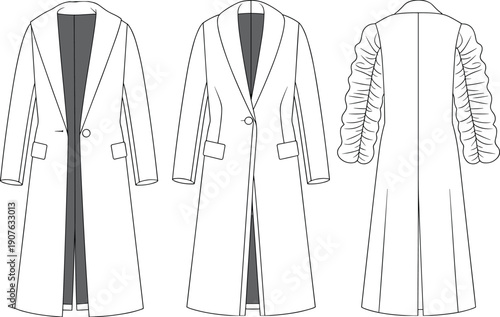 Technical fashion illustration of long tailored coat with front and back views, detailed line art apparel design sketch for garment production and clothing pattern development