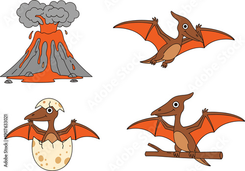 Cute dinosaur cartoon illustration set, pterodactyl characters with volcano eruption, prehistoric animals for kids, playful jurassic clipart design