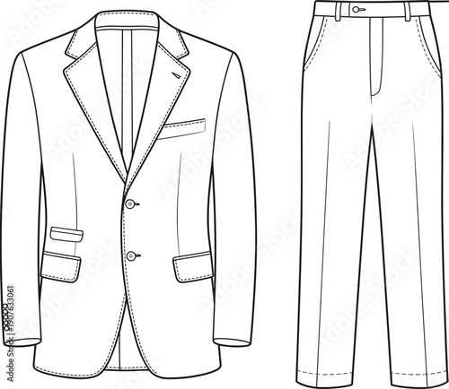 Technical fashion illustration of classic men’s suit with blazer jacket and trousers, detailed line art apparel design, tailoring concept, flat sketch for clothing manufacturing