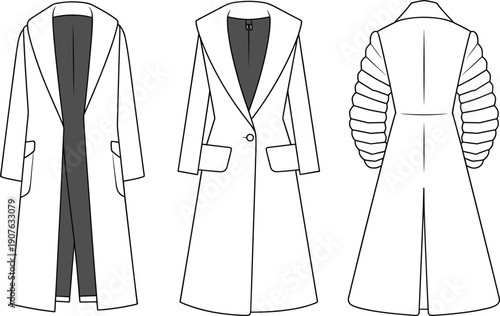 Women long coat technical fashion illustration showing front back views with tailored lapel collar, puffed sleeves, pocket details, and modern outerwear design sketch