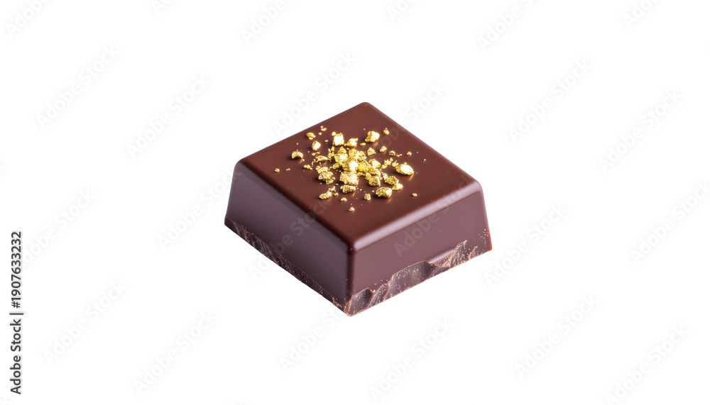 Obraz premium Dark chocolate square with gold flakes, luxury dessert concept, isolated on transparent background 