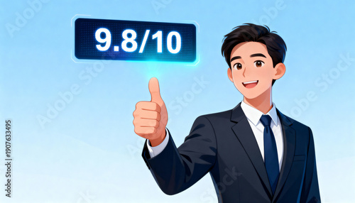 Excellent Score Approval: A professional man in a business suit gives a thumbs-up of approval with a rating of 9.8 out of 10. Representing a good performance.