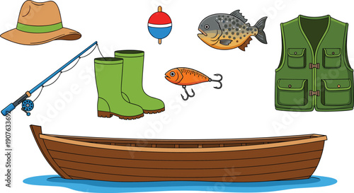 Fishing equipment illustration set, cartoon angling gear elements, boat fish rod boots vest hat lure, outdoor hobby nature clipart design
