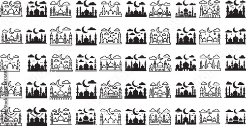 Collection of mosque silhouettes at night with crescent moon and clouds  Islamic architecture icons