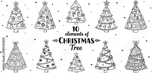 Set of Ten Hand Drawn Christmas Tree Sketches with Detailed Ornaments, Stars, Garlands, and Festive Decorations for Winter Coloring Pages, DIY Holiday Crafts, and Minimalist Graphic Designs