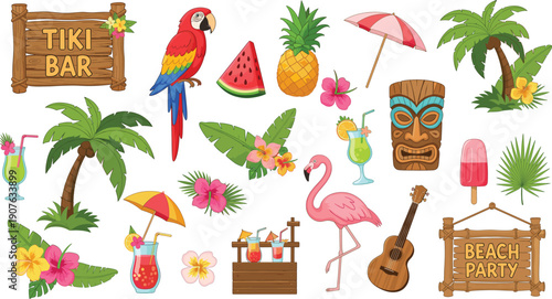 Large set of tropical beach party elements featuring tiki bar sign palm trees colorful cocktails flamingo parrot and exotic flowers vector illustration