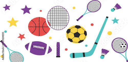 Sports Equipment and Game Icons Vector Set with Basketball Soccer Football Hockey Badminton Tennis Elements for Active Lifestyle Designs