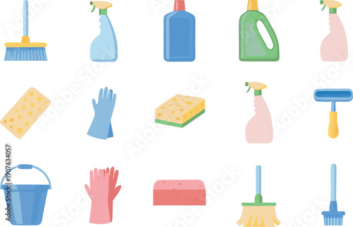 Various colorful cleaning supplies are neatly arranged in a grid pattern high quality