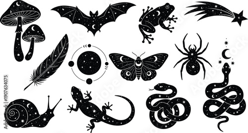 Silhouette of various creepy creatures and mushrooms