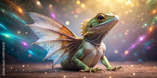 A whimsical, iridescent dragon-lizard with gossamer wings, perched on a rustic surface, amidst a magical, shimmering, colorful bokeh background.