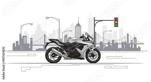 Sport Motorcycle Parked on City Street with Skyline Silhouette.